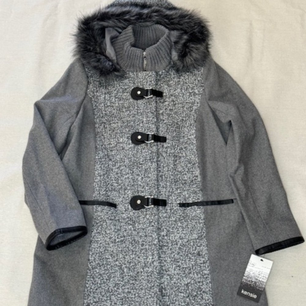 Kensie Womens Wool - Blend DuffleCoat Faux Fur Trim Size M BNWT